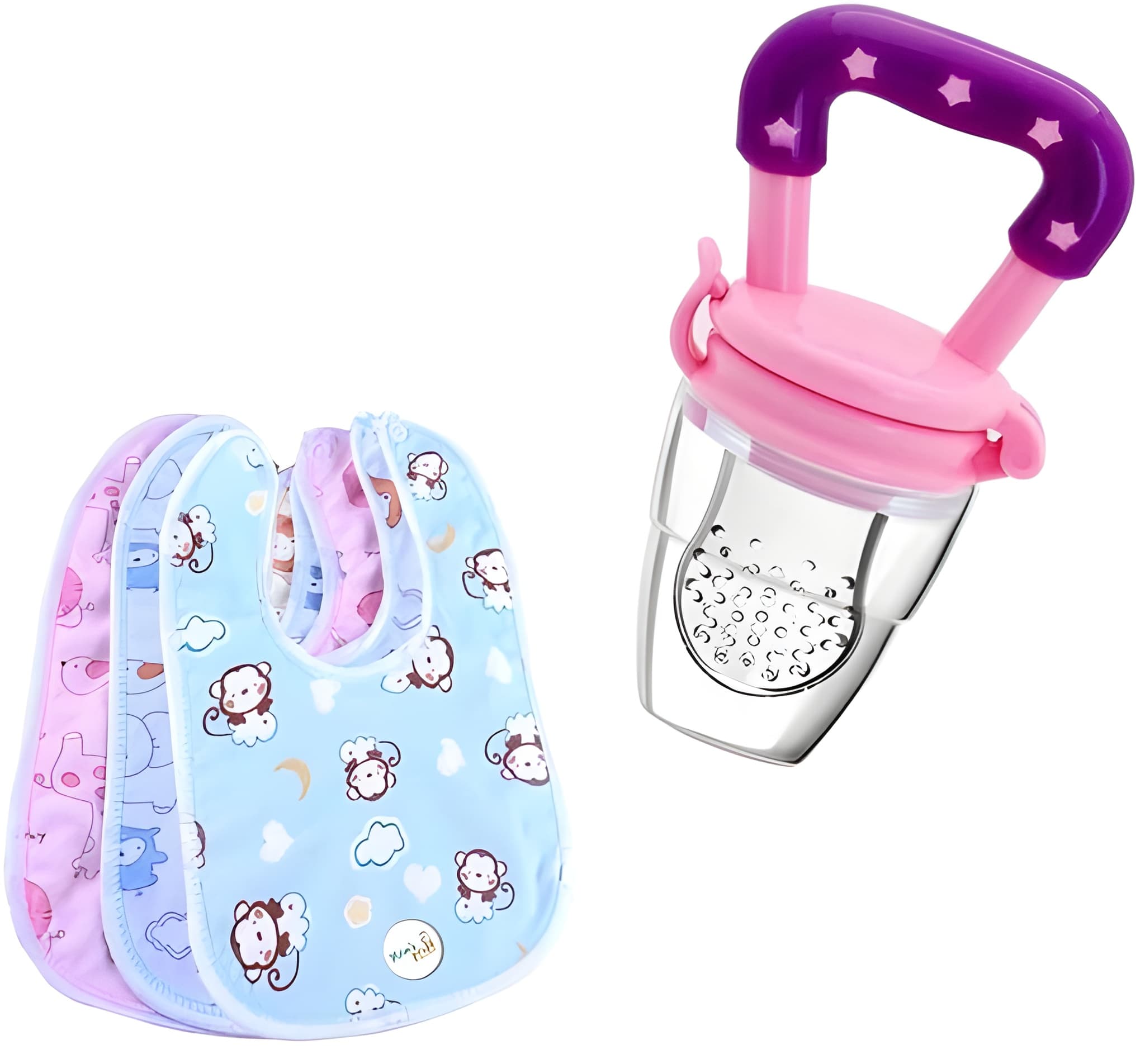 Heavy Duty Baby Fruit Feeder Nibbler with 2 Waterproof Apron Bibs | Baby Fruit Feeding Feeder & Silicone Nibbler with 2 Buttoned Bibs | Reusable Feeding Set (Original)