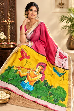 DHRUVINSRI Luxury Kerala Cotton Kasavu Saree | Hand Painted Peacock & Peacock Feather Art with Golden Zari Border | Elegant Yellow Ethnic Saree with Running Blouse