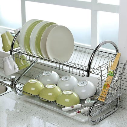 Stainless Steel 2 Layer Kitchen Dish Rack / Plate Cutlery Stand