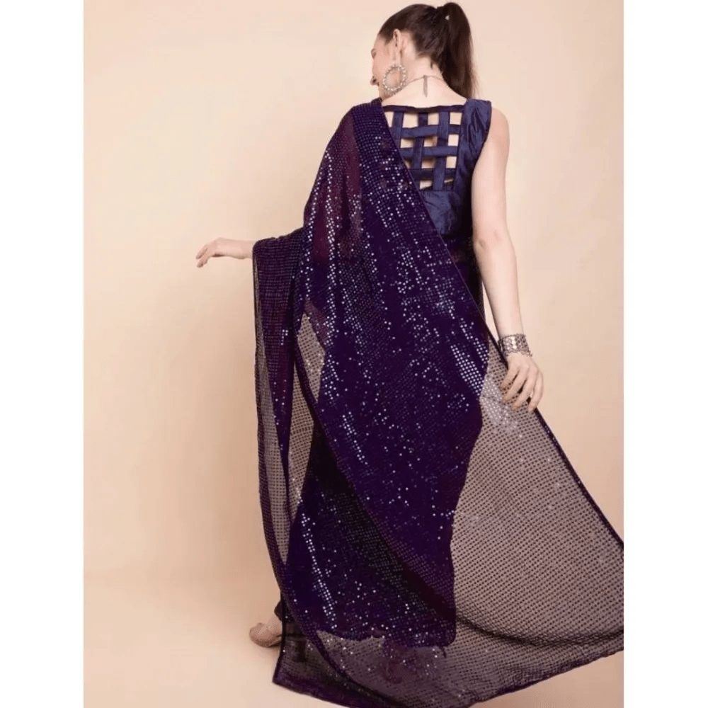 Generic Women's Georgette Embellished Sequnece Bollywood Saree With Unstitched Blouse 5.5Mtr (Purple)