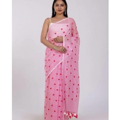 womens linen printed saree with unstitched blouse 5mtr pink pid62474