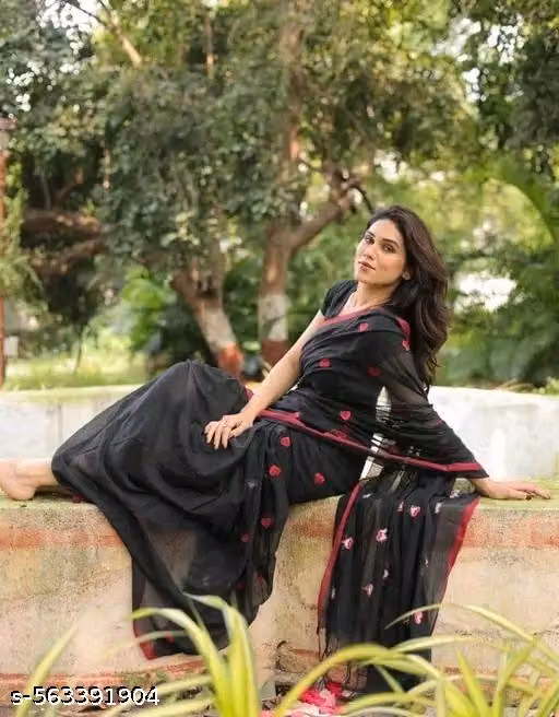 womens linen printed saree with unstitched blouse 5mtr black pid62475