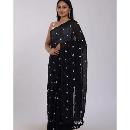 womens linen printed saree with unstitched blouse 5mtr black pid62476