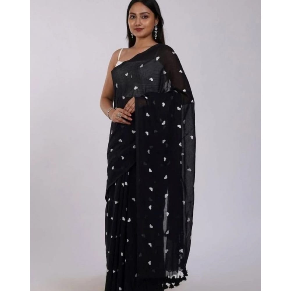 womens linen printed saree with unstitched blouse 5mtr black pid62476