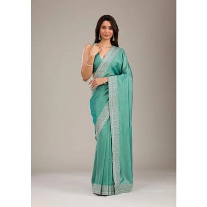 womens silk embroidred saree with unstitched blouse  5mtr light green pid62487