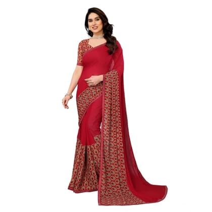 womens georgette printed saree with unstitched blouse 5mtr red pid62502