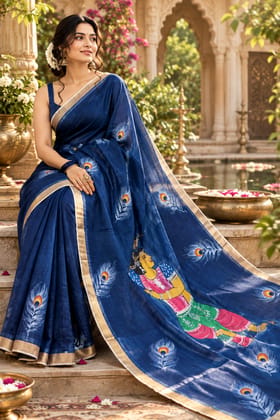 DHRUVINSRI Premium Kasavu Cotton Hand-Painted Saree with Zari Border | Artistic Acrylic Floral Print South Indian Ethnic Saree with Blouse Piece | Festive & Occasion Wear