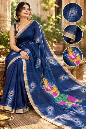 DHRUVINSRI Premium Kasavu Cotton Hand-Painted Saree with Zari Border | Artistic Acrylic Floral Print South Indian Ethnic Saree with Blouse Piece | Festive & Occasion Wear