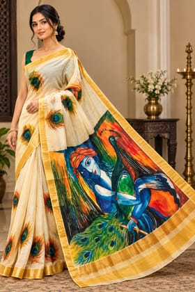 DHRUVINSRI Premium Ivory White Kerala Kasavu Cotton Hand Painted Saree | Peacock Tree of Life Ethnic Motif | Fine Lightweight Cotton Kasavu Saree | Artisan Handmade Indian Traditional Saree for Women