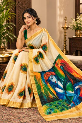 DHRUVINSRI Premium Ivory White Kerala Kasavu Cotton Hand Painted Saree | Peacock Tree of Life Ethnic Motif | Fine Lightweight Cotton Kasavu Saree | Artisan Handmade Indian Traditional Saree for Women