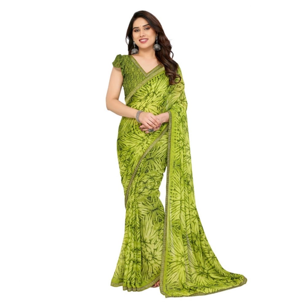 womens georgette printed saree with unstitched blouse 5mtr mehendi green pid62536