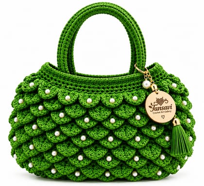 Tansavi Crochet Art Gallery Handmade Green Crochet Pearl Handbag for Women – Stylish Handcrafted Shoulder & Hand Bag