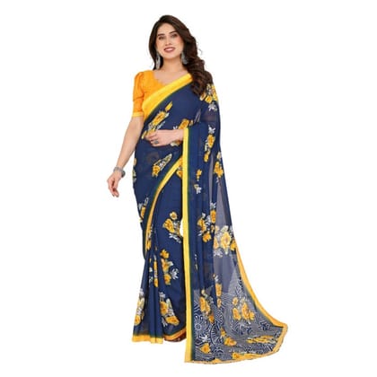 womens georgette printed saree with unstitched blouse 5mtr blue pid62551