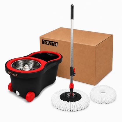Novita 360° Spin Mop Bucket Set with Steel Wringer | Heavy-Duty Smart System | Easy Rinse | Telescopic Microfiber Mop | 1+1 Refills | Wheels | Red & Black 