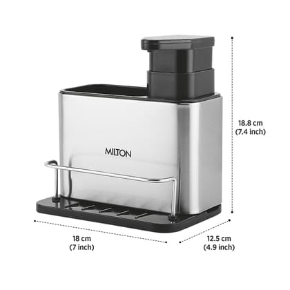 MILTON Amenity 3-in-1 Stainless Steel Kitchen Sink Organizer Caddy with Soap Dispenser, Sponge & Cloth Holder | Detachable, Rustproof Kitchen & Bathroom Organizer | Modern Countertop Organizer, Silver
