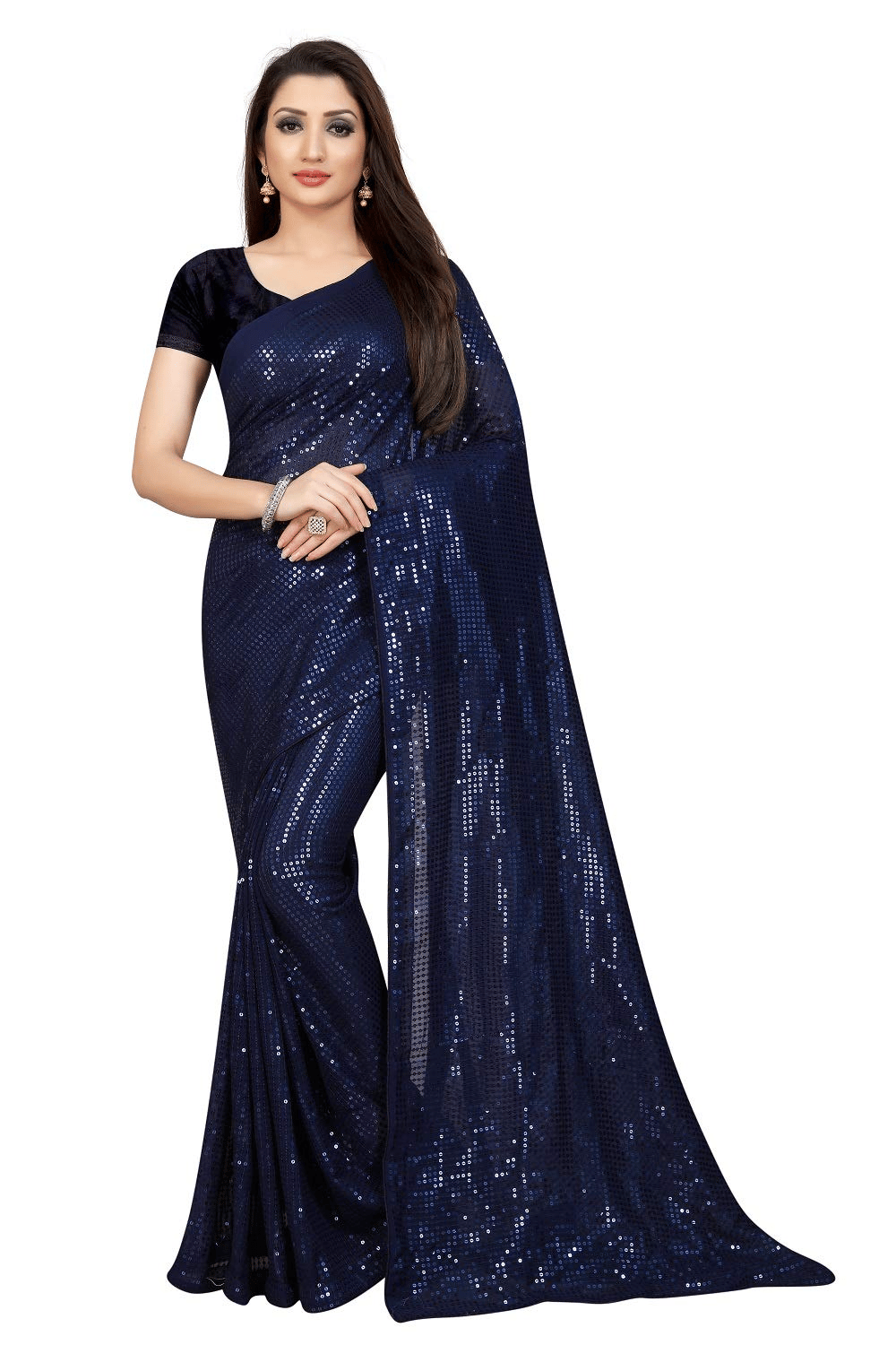 Generic Women's Georgette Embellished Saree With Unstitched Blouse 5.5Mtr (Blue)