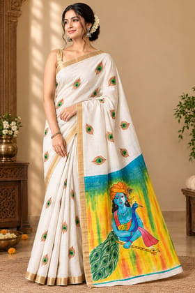 DHRUVINSRI Premium Ivory White Kerala Kasavu Cotton Hand Painted Saree | Peacock Tree of Life Ethnic Motif | Fine Lightweight Cotton Kasavu Saree | Artisan Handmade Indian Traditional Saree for Women