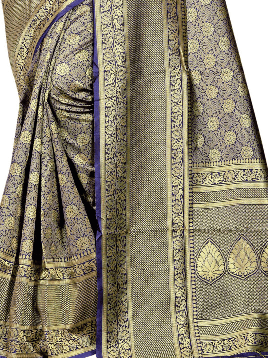 Generic Women's Banarasi silk Saree with Blouse (Navy blue, 5-6mtr)