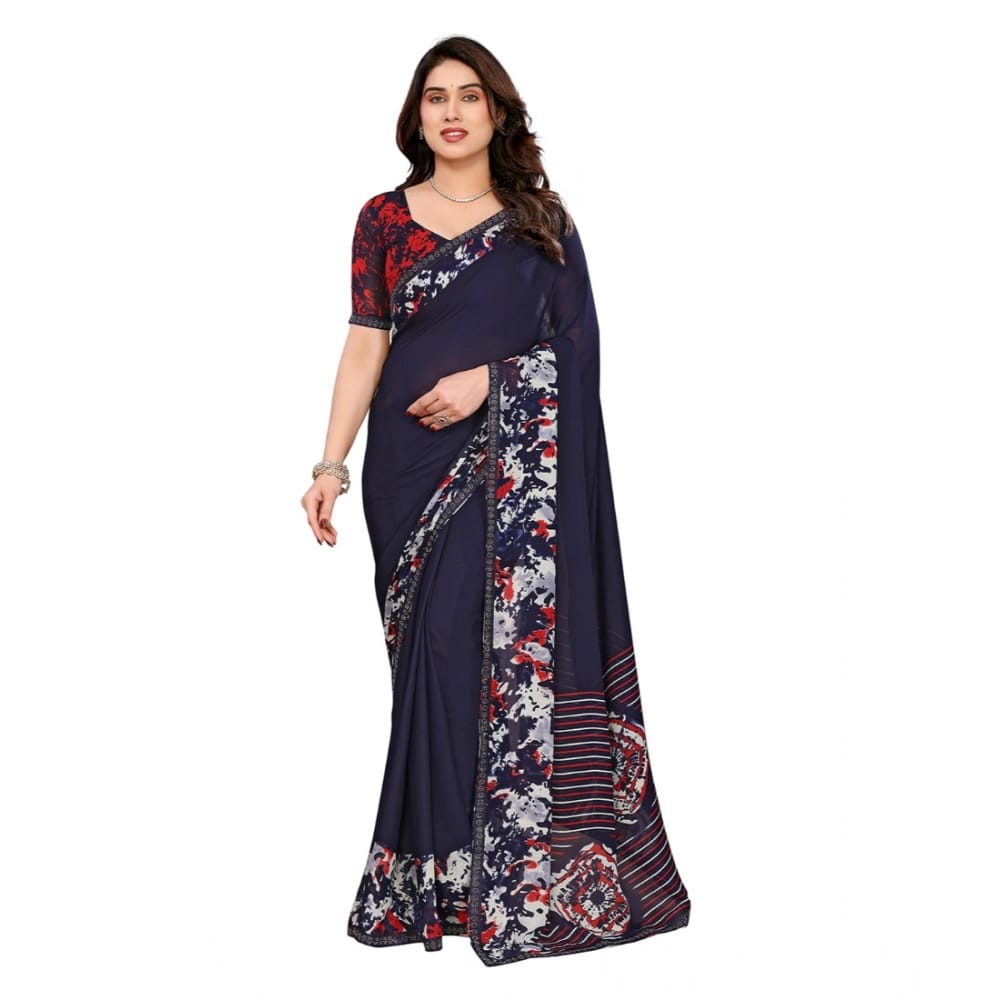 womens georgette printed saree with unstitched blouse 5mtr navy blue pid62564