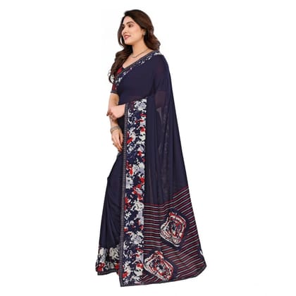 womens georgette printed saree with unstitched blouse 5mtr navy blue pid62564