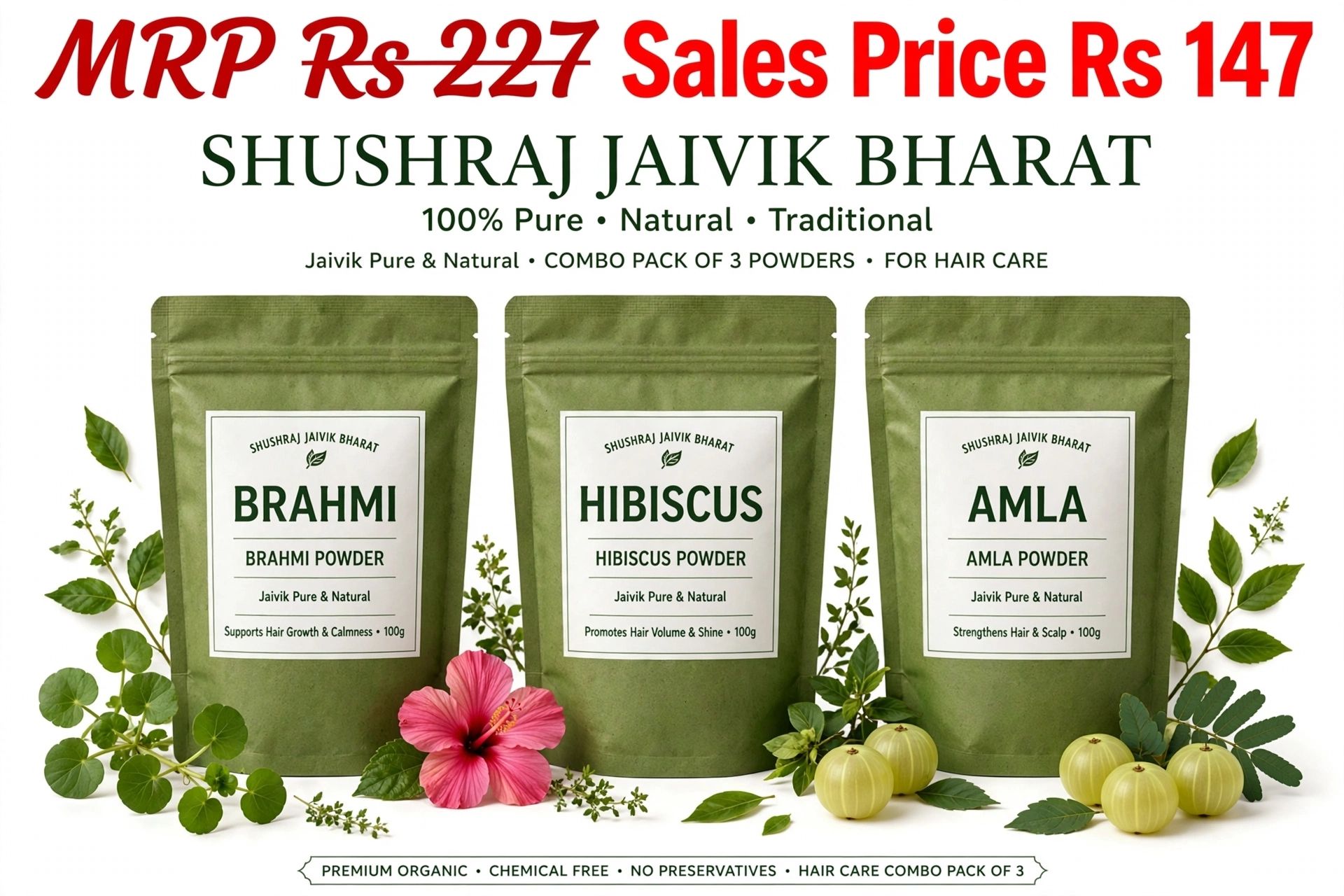 Shushraj Jaivik Bharat Herbal Hair Care Kit - Brahmi, Hibiscus and Amla Powder (3 x 100g Zip Pouches)  