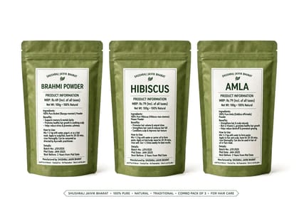 Shushraj Jaivik Bharat Herbal Hair Care Kit - Brahmi, Hibiscus and Amla Powder (3 x 100g Zip Pouches)  