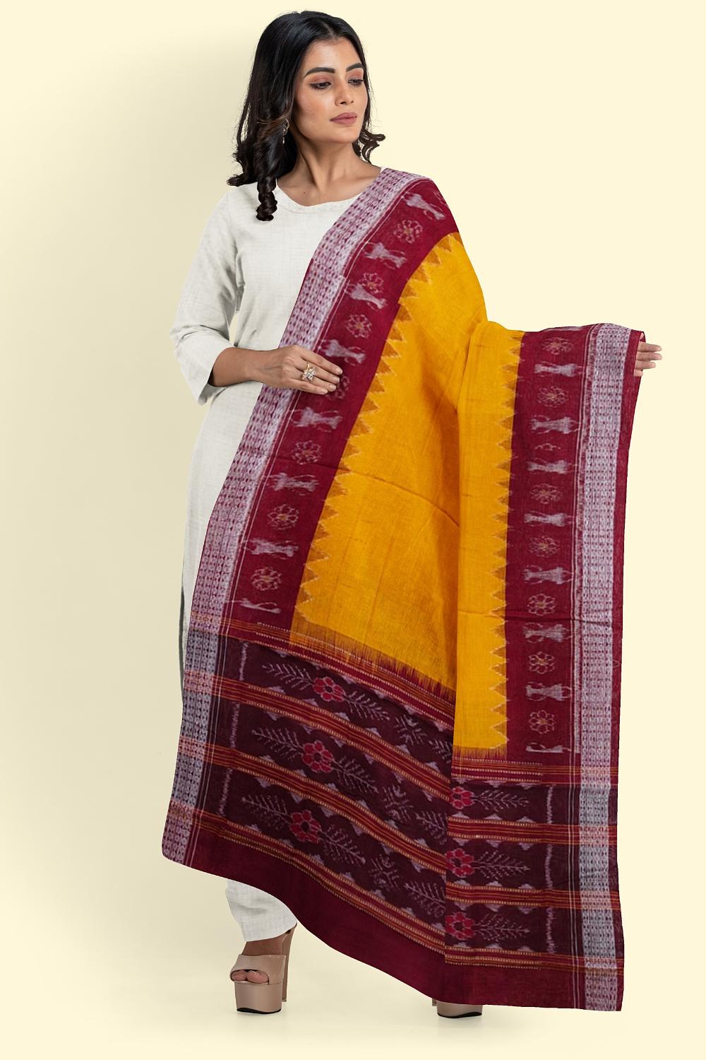 Yellow Maroon Sambalpuri Handwoven Single Ikat Cotton Dupatta SFCDUP160A