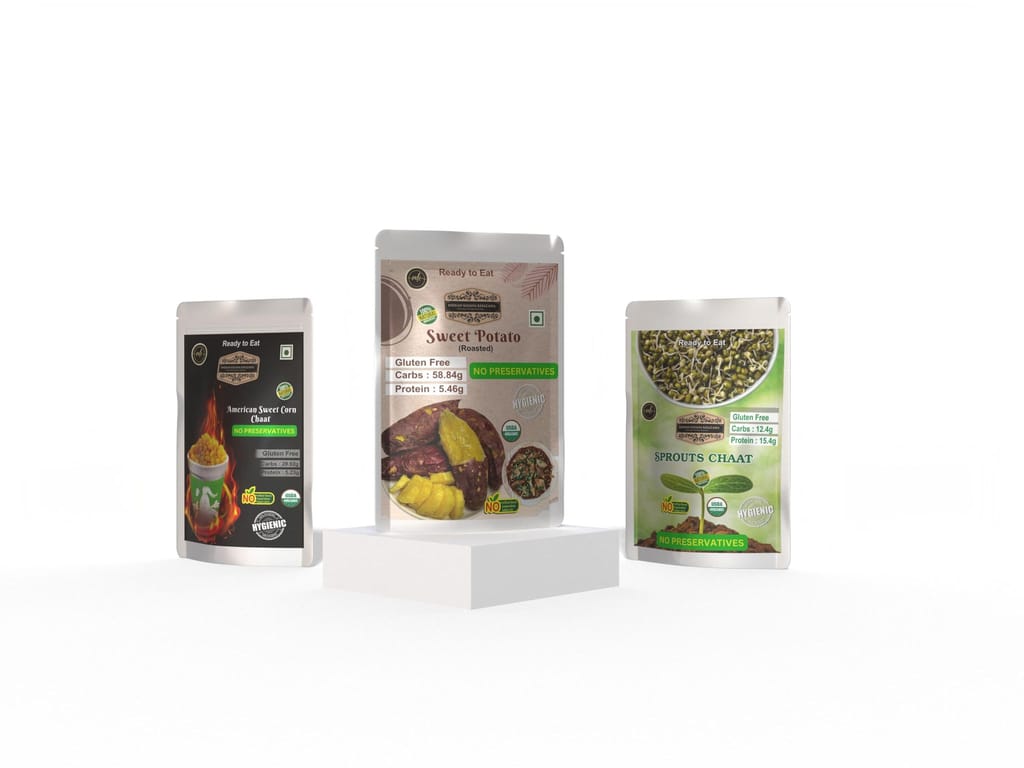 Sweet-Potato Chaat+ American Sweet-Corn Chaat +Sprout Chaat 571gm|Indian Tasty Flavour Ready to Eat Chaat No Added Preservative and Colours, Pack of 3 (1 each)