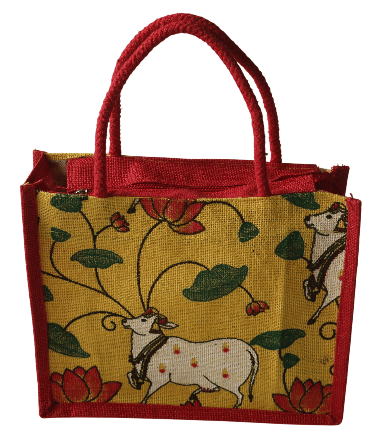 Traditional Pichwai Art Printed Jute Tote Bag with Zip and Handles