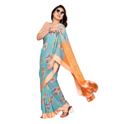 womens georgette printed saree with unstitched blouse 5mtr light blue pid62593