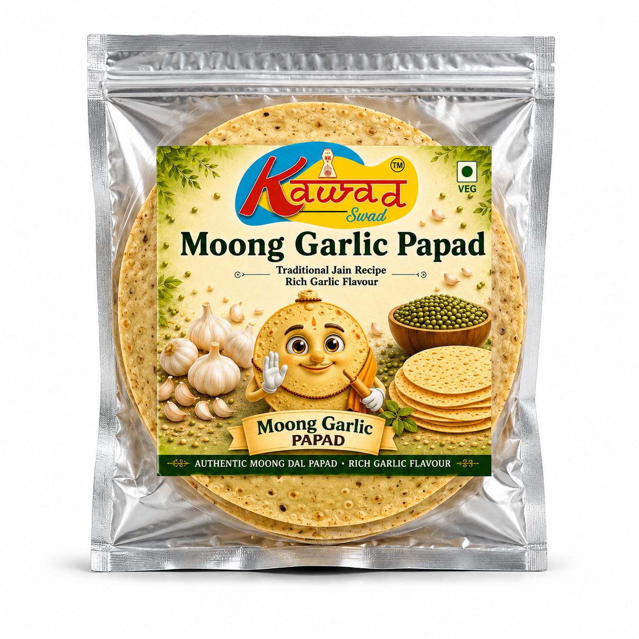 KAWAD SWAD Moong Garlic Papad 500g | Traditional Jain Recipe