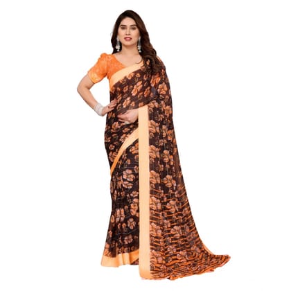 womens georgette printed saree with unstitched blouse 5mtr brown pid62623