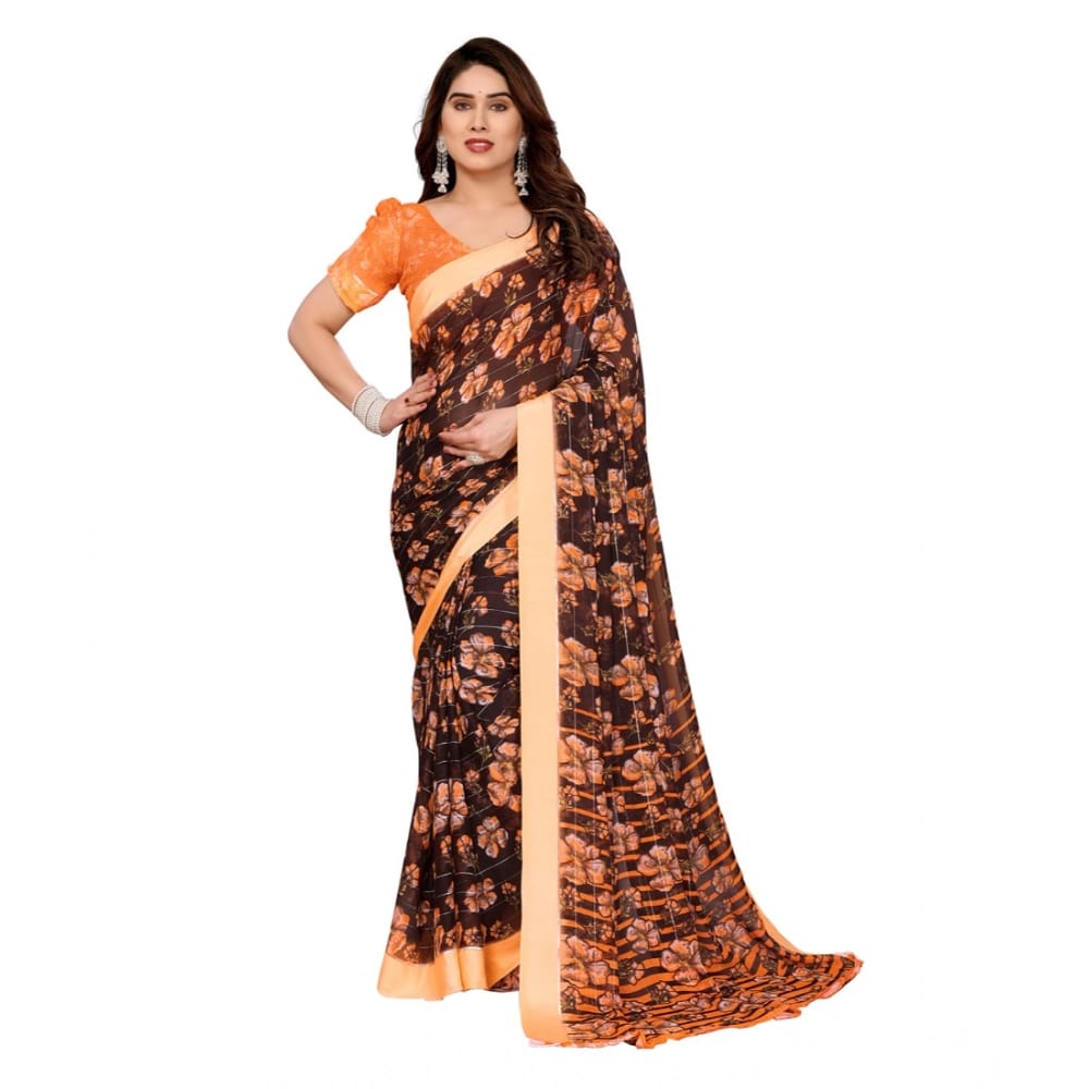 womens georgette printed saree with unstitched blouse 5mtr brown pid62623