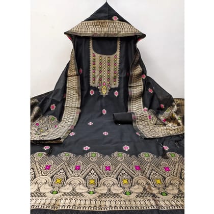 womens banarasi silk printed unstitched salwar suit material with dupatta black pid62651