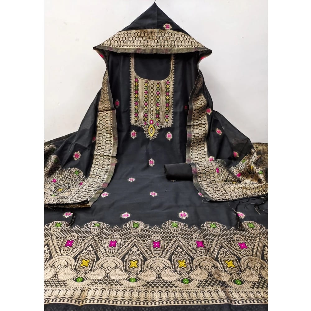 womens banarasi silk printed unstitched salwar suit material with dupatta black pid62651