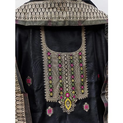 womens banarasi silk printed unstitched salwar suit material with dupatta black pid62651