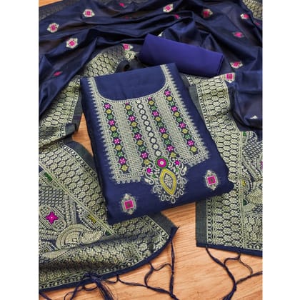 womens banarasi silk printed unstitched salwar suit material with dupatta navy blue pid62654