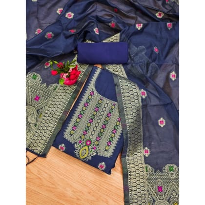 womens banarasi silk printed unstitched salwar suit material with dupatta navy blue pid62654