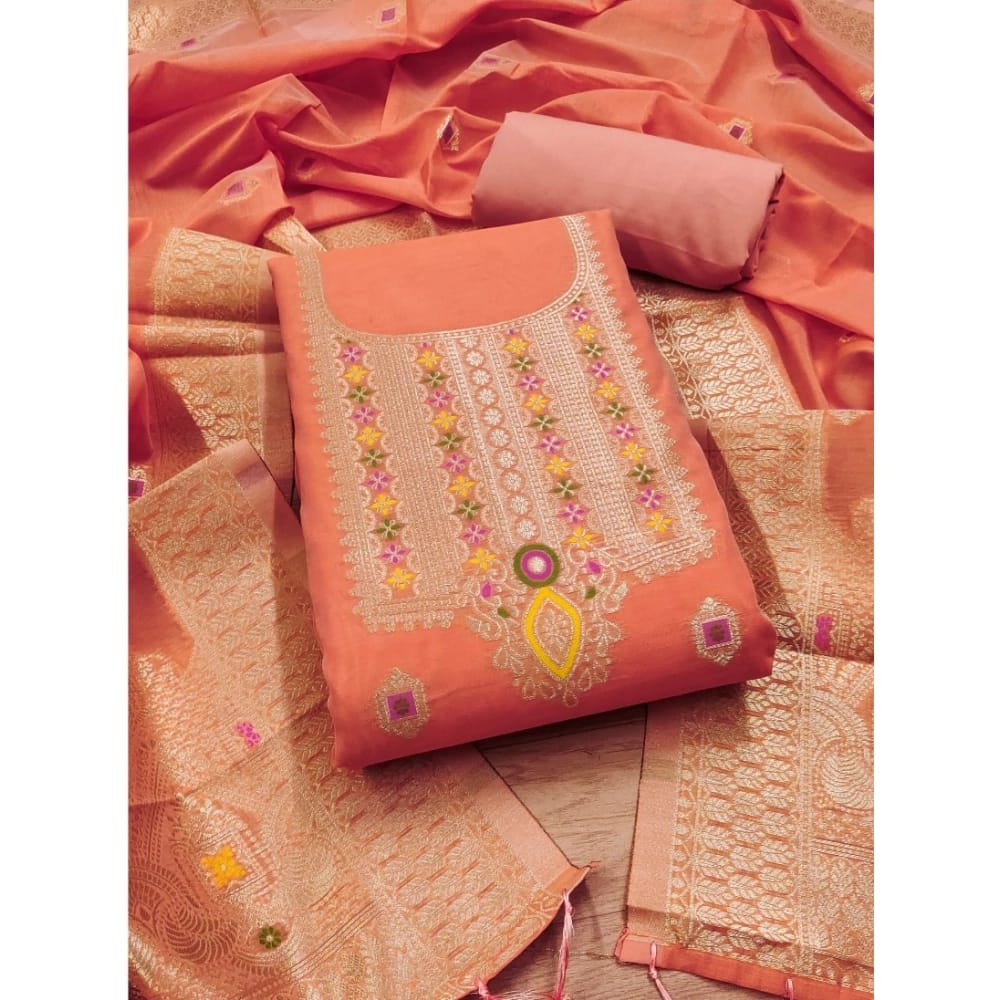 womens banarasi silk printed unstitched salwar suit material with dupatta peach pid62655