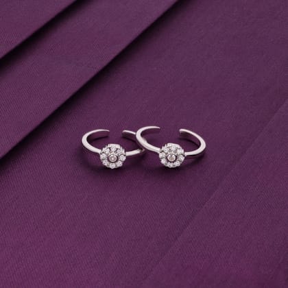 Floral Shine Sterling Silver Toe Rings-White Stone / Silver