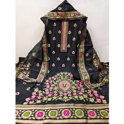 womens banarasi silk printed unstitched salwar suit material with dupatta black pid62659