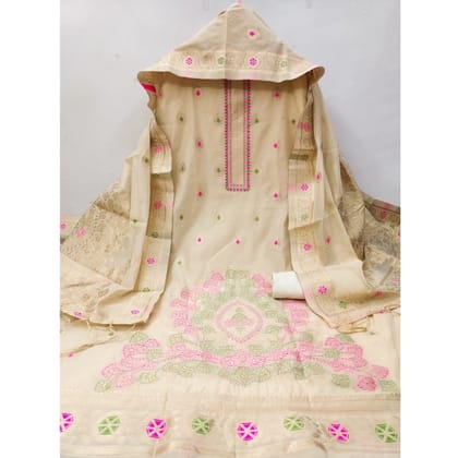womens banarasi silk printed unstitched salwar suit material with dupatta cream pid62661