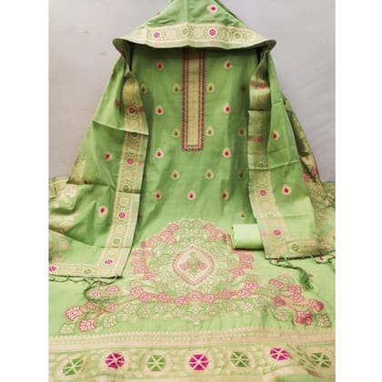 womens banarasi silk printed unstitched salwar suit material with dupatta pista pid62664