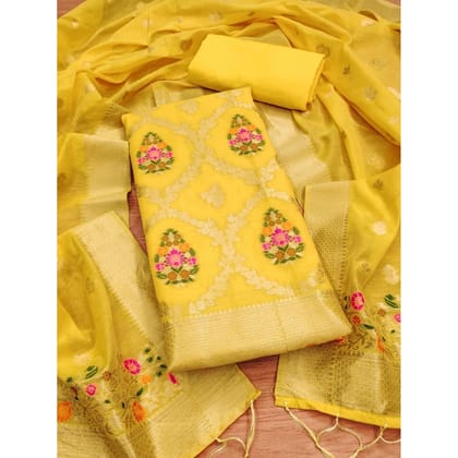 womens banarasi silk printed unstitched salwar suit material with dupatta yellow pid62670