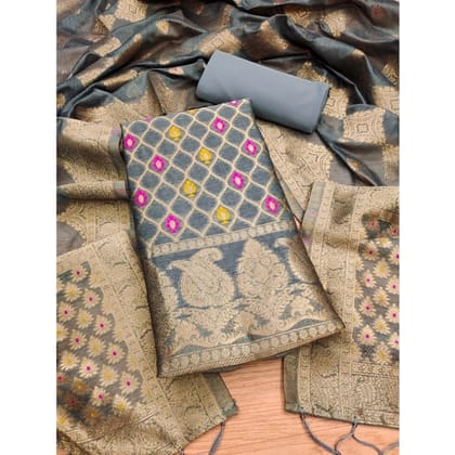 womens banarasi silk printed unstitched salwar suit material with dupatta grey pid62672