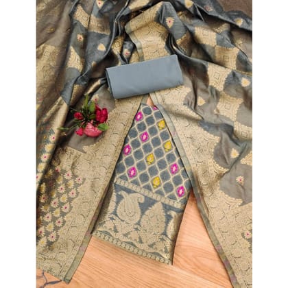 womens banarasi silk printed unstitched salwar suit material with dupatta grey pid62672