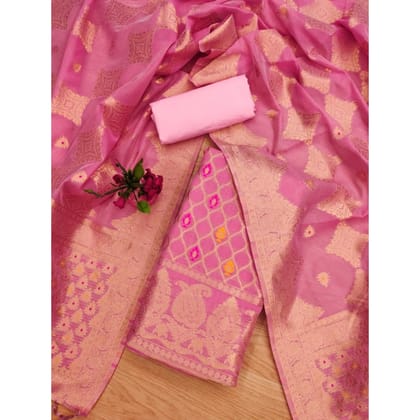 womens banarasi silk printed unstitched salwar suit material with dupatta pink pid62673