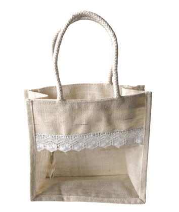 Natural Jute Tote Bag with Lace Trim and Clear Window Natural Jute Tote Bag with Lace Trim and Clear Window
