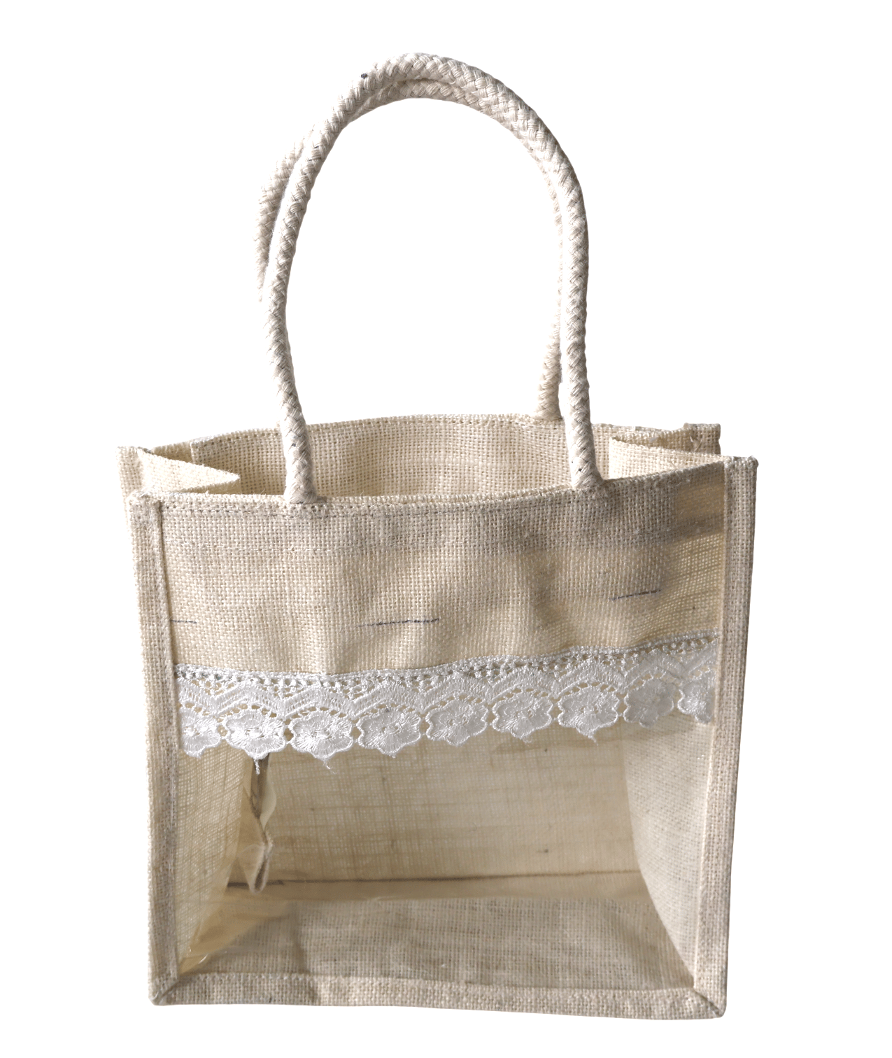 Natural Jute Tote Bag with Lace Trim and Clear Window