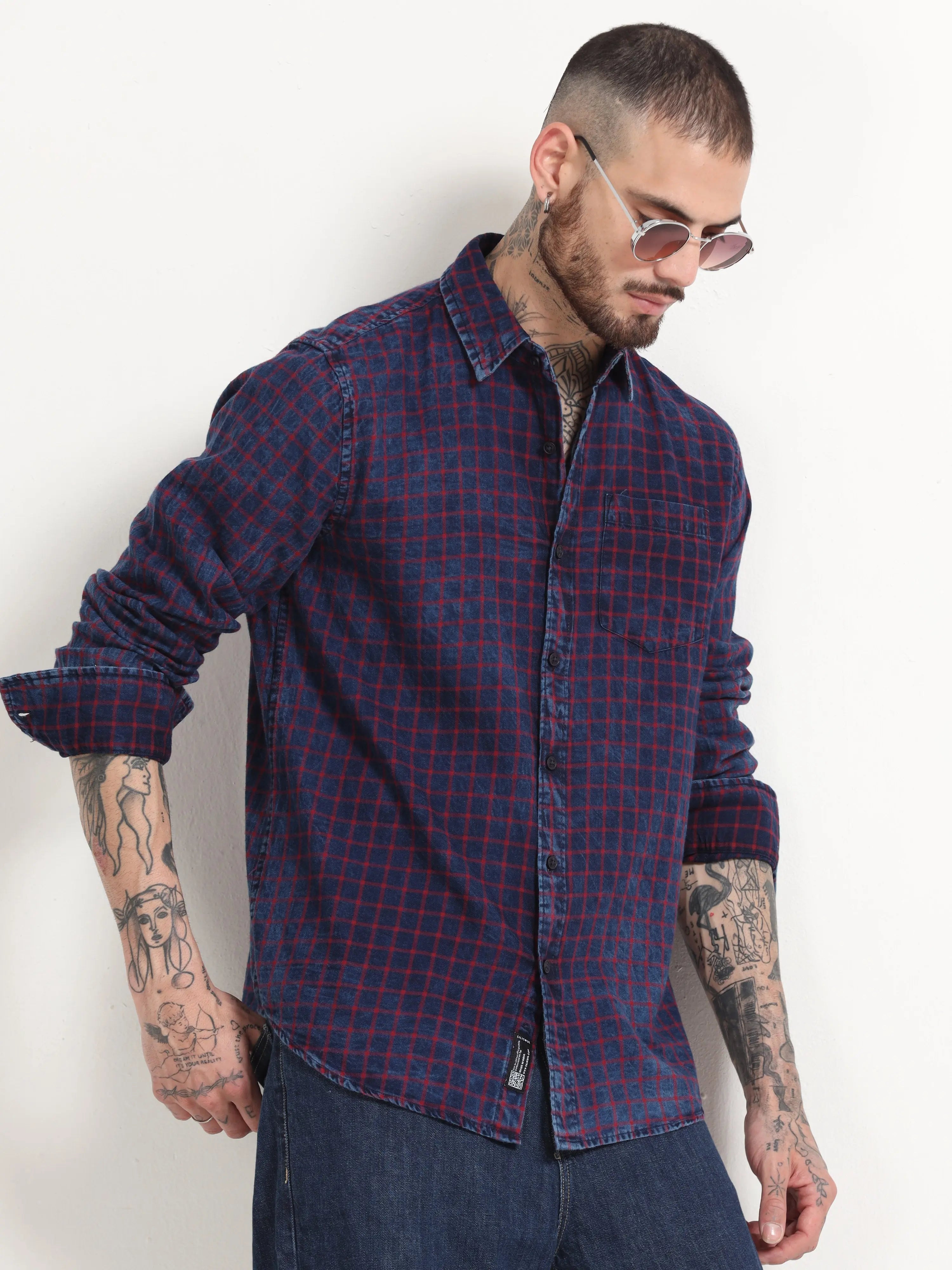Indigo Dyed Premium Men Shirt, Regular Fit, Pure Cotton, Red-Navy-S